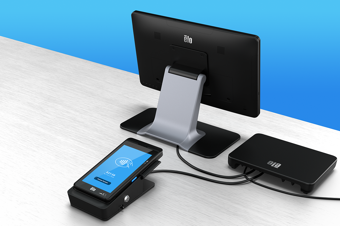 Image of Elo M60 Pay mobile POS, with DS11 docking station and EM10 expansion module